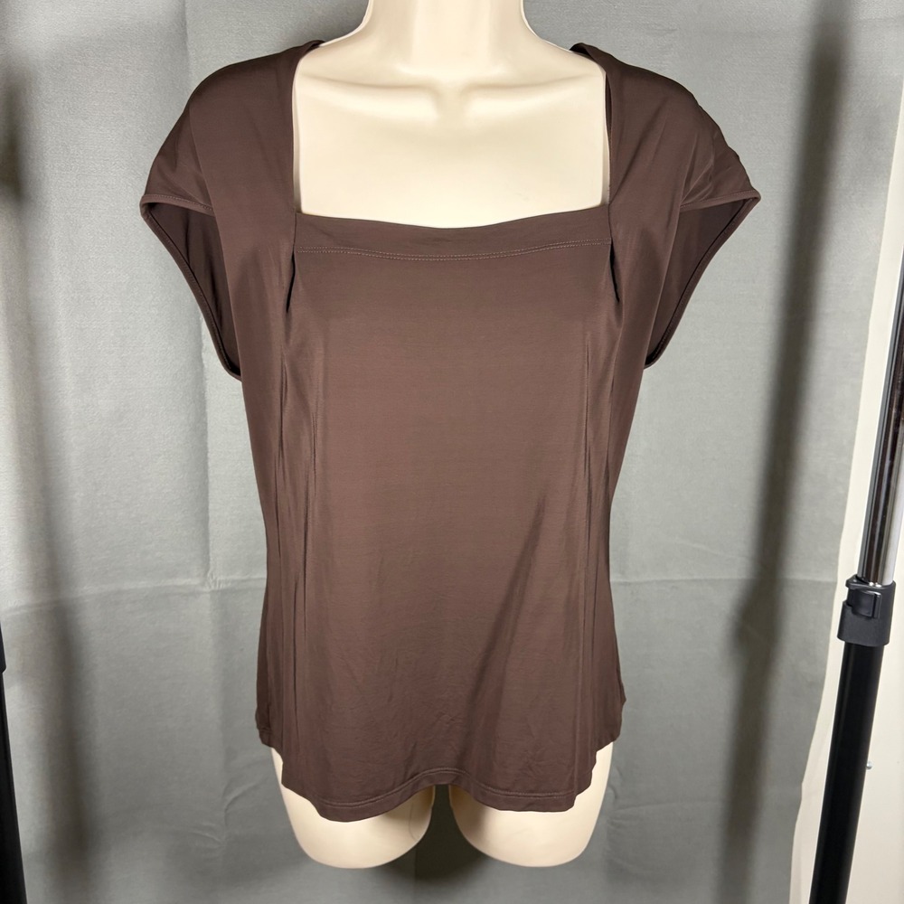 Lafayette 148 New York Brown Square Neck Cap Sleeve Blouse Top Large